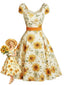 [Prévente] Robe orange motif tournesols et encolure cœur années 50