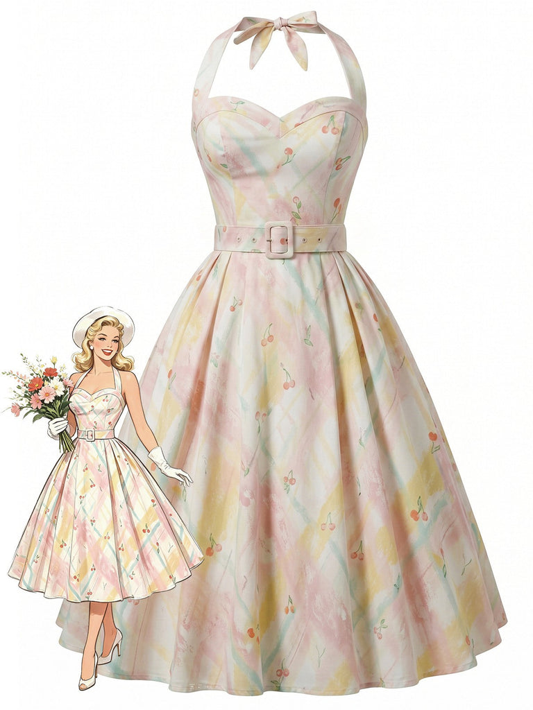 [Prévente] Robe Pastel Cerise Imprimé Dos Nu Ceinturé Évasé Années 1950