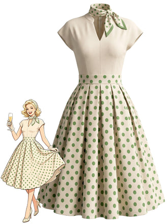 [Prévente] Robe Évasée Plissée à Pois avec Foulard en Soie Années 1950