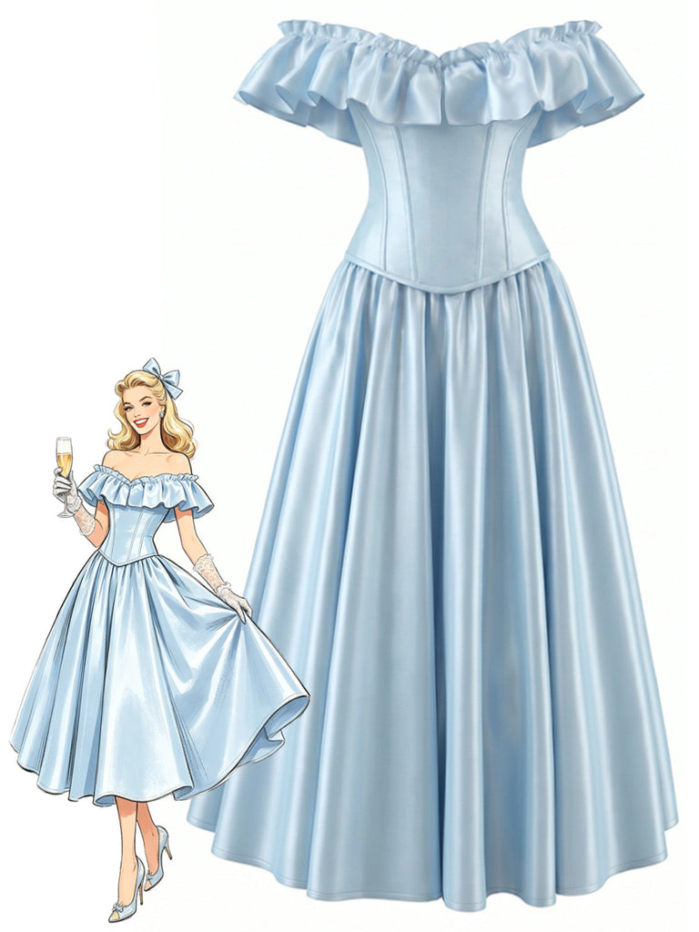 [Prévente] Robe Bleu Clair Volant Lustré Cintrée Années 1950