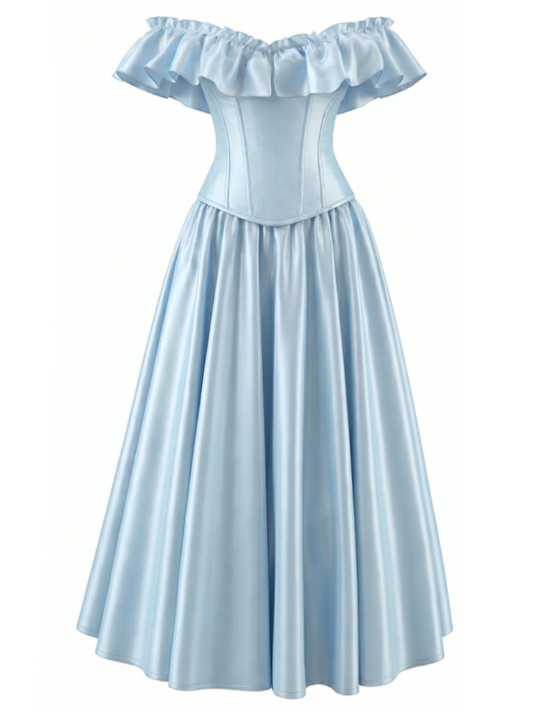 [Prévente] Robe Bleu Clair Volant Lustré Cintrée Années 1950 2