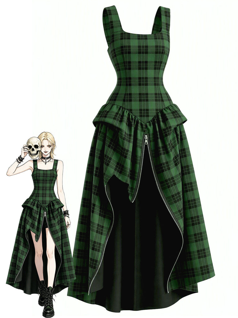 [Prévente] Robe Midi Gothique à Carreaux Superposée avec Fente Vert Années 1960