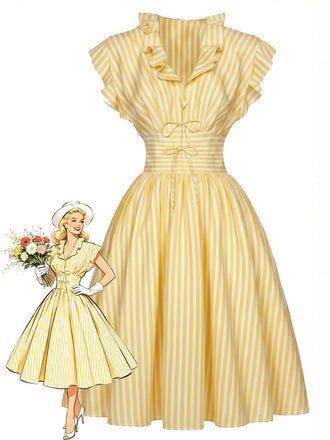 [Prévente] Robe Jaune Clair Rayé Volant Col Ceinture Nouée Années 1950