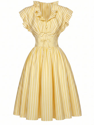 [Prévente] Robe Jaune Clair Rayé Volant Col Ceinture Nouée Années 1950 2
