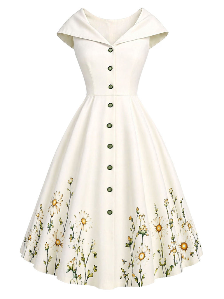 [Prévente] Robe kaki florale ajustée à boutons et col marin Années 1950