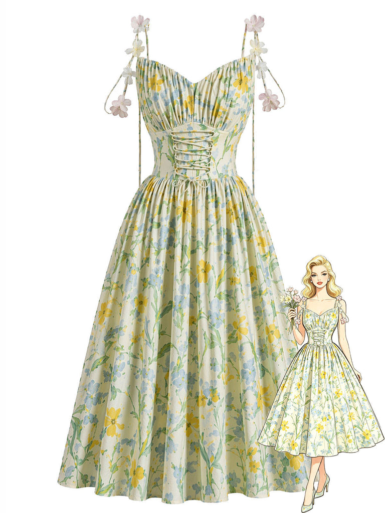 [Prévente] Robe Floral Coton Évasé Dentelle Appliqué Lacé Années 1950