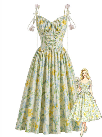 [Prévente] Robe Floral Coton Évasé Dentelle Appliqué Lacé Années 1950