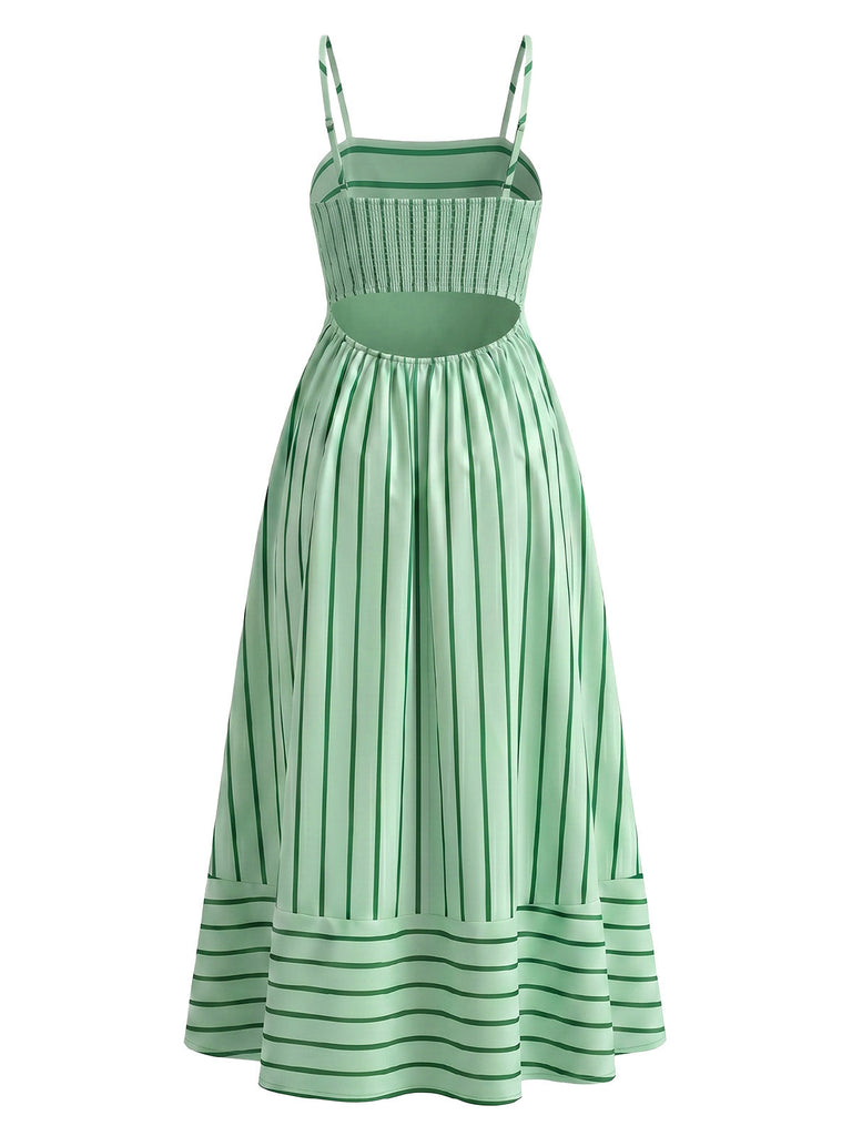 Robe Bretelles Spaghetti Rayé Mi-Longue Découpé Vert Années 1950 3