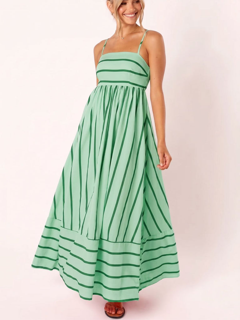Robe Bretelles Spaghetti Rayé Mi-Longue Découpé Vert Années 1950 4