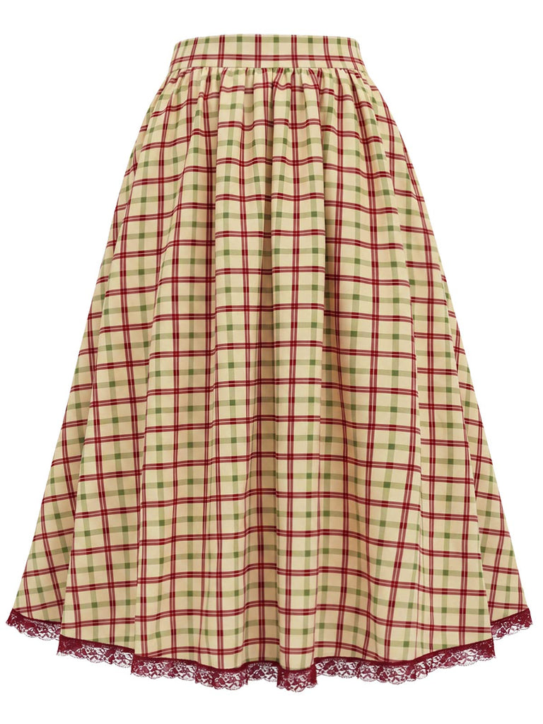 [Prévente] Jupe à Carreaux Taille Haute Dentelle Trim Ligne A avec Poches Années 1940 2