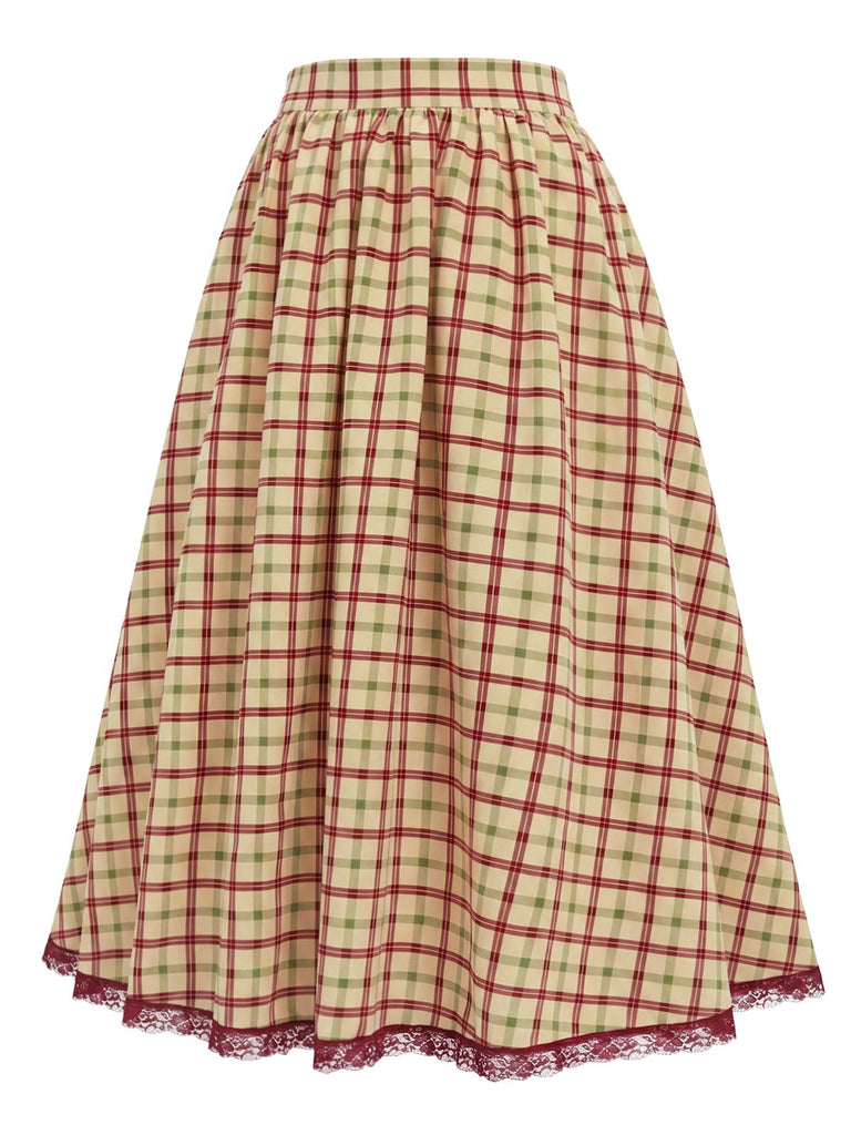 [Prévente] Jupe à Carreaux Taille Haute Dentelle Trim Ligne A avec Poches Années 1940 3