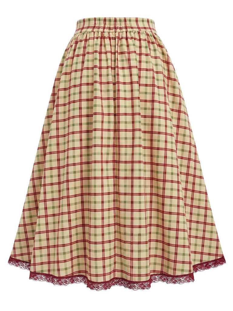 [Prévente] Jupe à Carreaux Taille Haute Dentelle Trim Ligne A avec Poches Années 1940 4