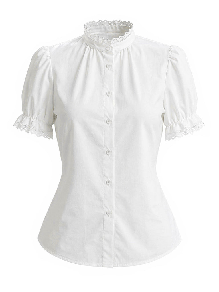 [Prévente] Blouse Blanche Unie Dentelle Patchwork Manches Bouffantes Années 1950 2