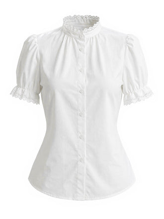 [Prévente] Blouse Blanche Unie Dentelle Patchwork Manches Bouffantes Années 1950 2