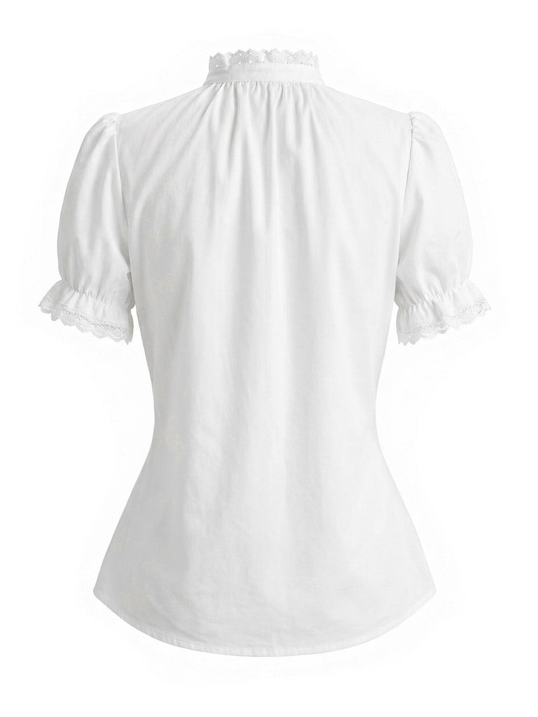 [Prévente] Blouse Blanche Unie Dentelle Patchwork Manches Bouffantes Années 1950 4