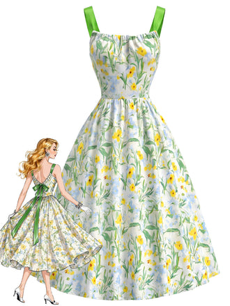 [Prévente] Robe Chartreuse Florale Ruban Vert Contrasté Nœud au Dos Années 1950