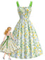 [Prévente] Robe Vert Florale Bretelles Nœud Satiné au Dos Années 1950