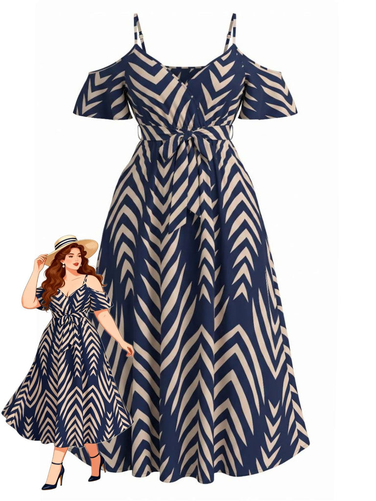 [Grande Taille] Grande Taille [] Marine Chevron Rayé Ceinture Nouée Épaules Ajourées Midi Années 1950