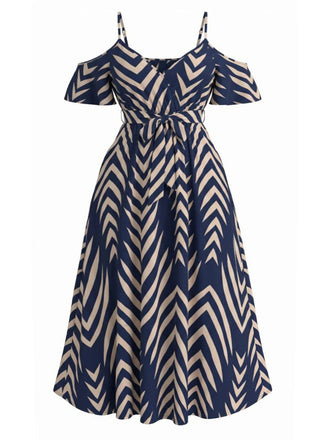 [Grande Taille] Grande Taille [] Marine Chevron Rayé Ceinture Nouée Épaules Ajourées Midi Années 1950 2
