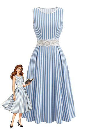 Robe Bleu & Blanc Sans Manches Rayé Dentelle Taille Découpé Années 1950