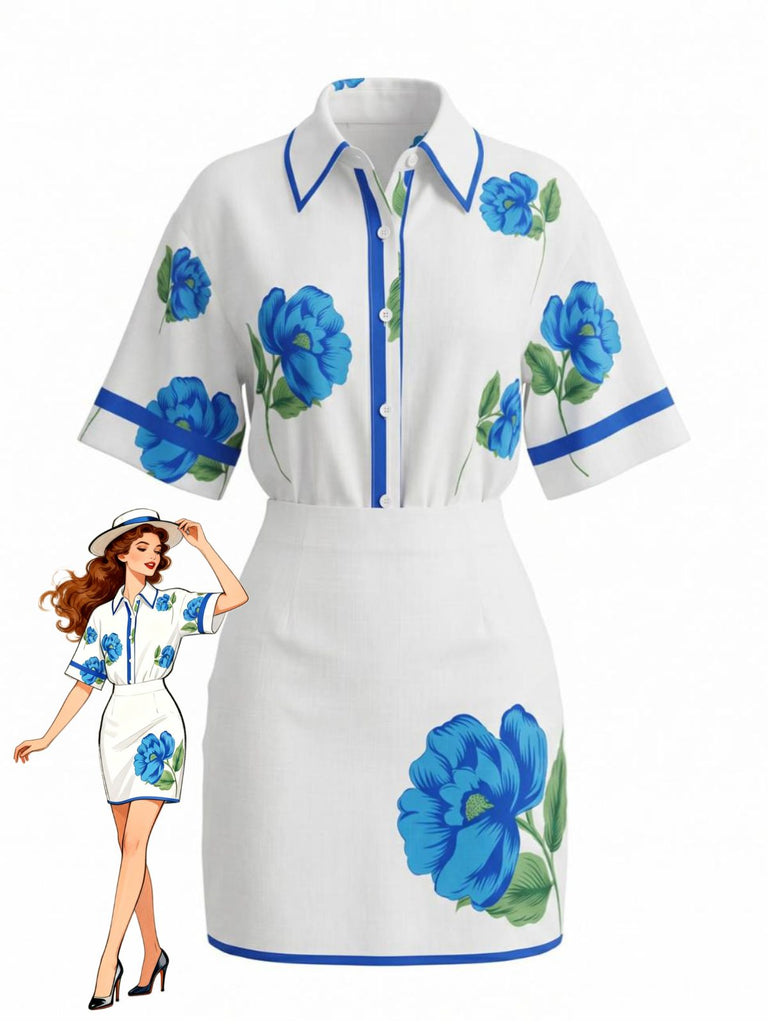 Ensemble Bleu Floral Imprimé Chemise & Mini Années 1960