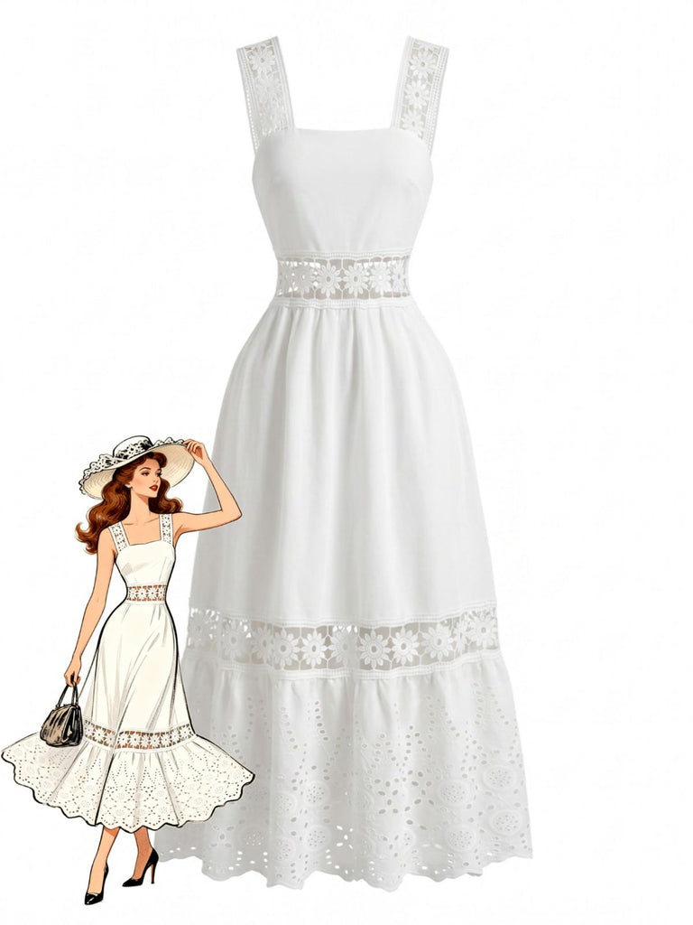 Robe Blanc Bohème Eyelet Brodé Midi Années 1970