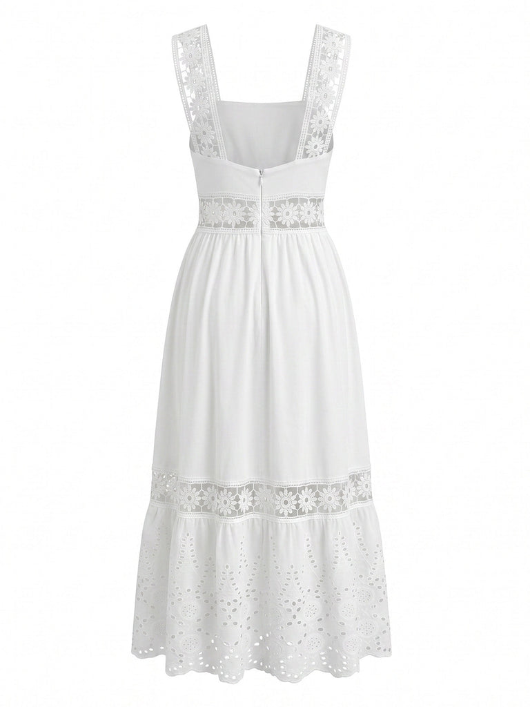 Robe Blanc Bohème Eyelet Brodé Midi Années 1970 3