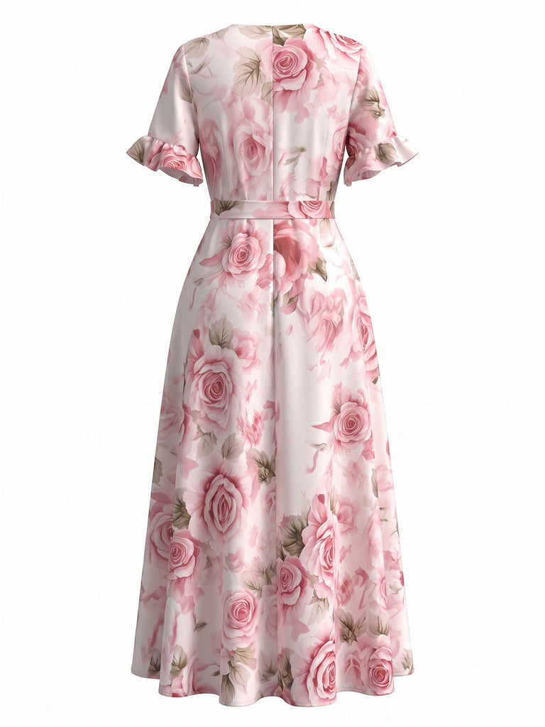 Robe Volant Col V Mi-Longue Manche Rose Rose Années 1930 3