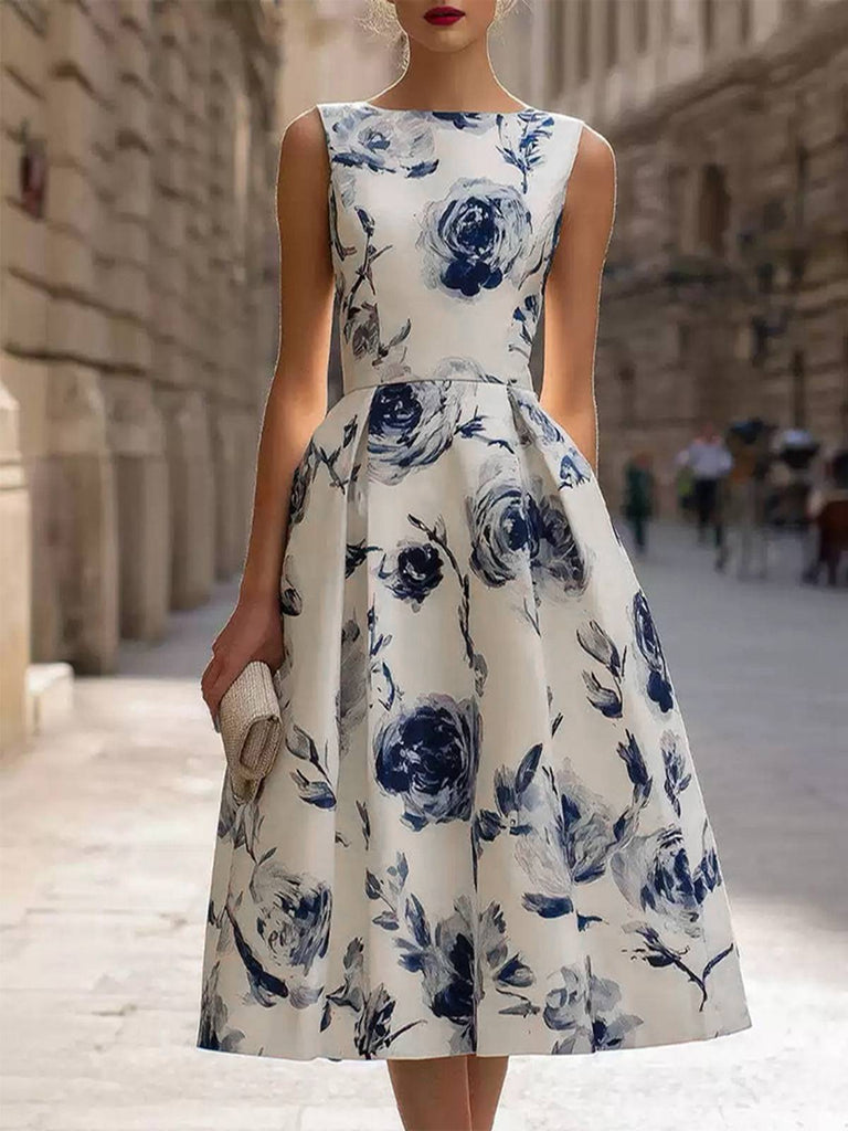 Robe sans manches motif roses et encolure ronde années 1950