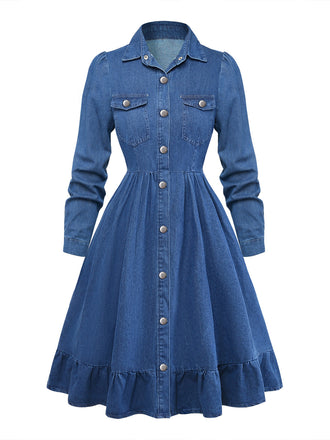 Robe Bleu Revers Boutonné Denim Shirt Années 1950