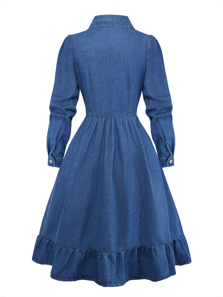 Robe Bleu Revers Boutonné Denim Shirt Années 1950