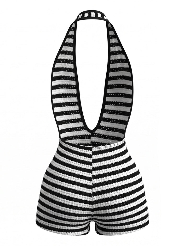 Combishort Noir Rayé Dos Nu Tricot Années 1970 3