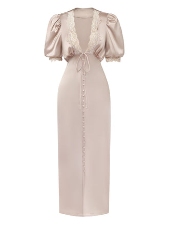 Robe Midi en Satin et Dentelle à Manches Bouffantes Champagne Années 1930