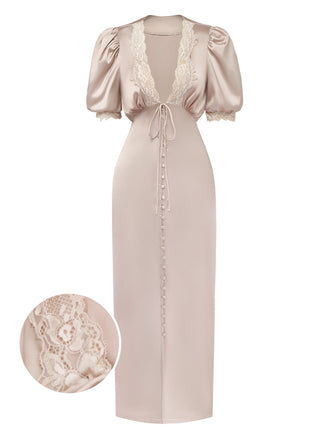 Robe Midi en Satin et Dentelle à Manches Bouffantes Champagne Années 1930