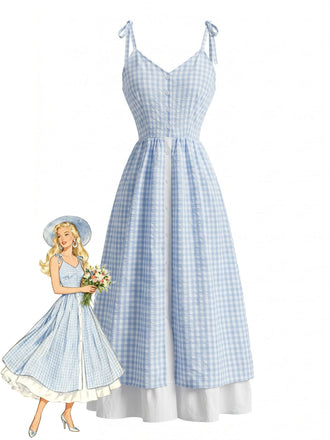 Robe Bleu & Blanc Bretelles Fines Bretelles à Carreaux Boutonné Années 1950