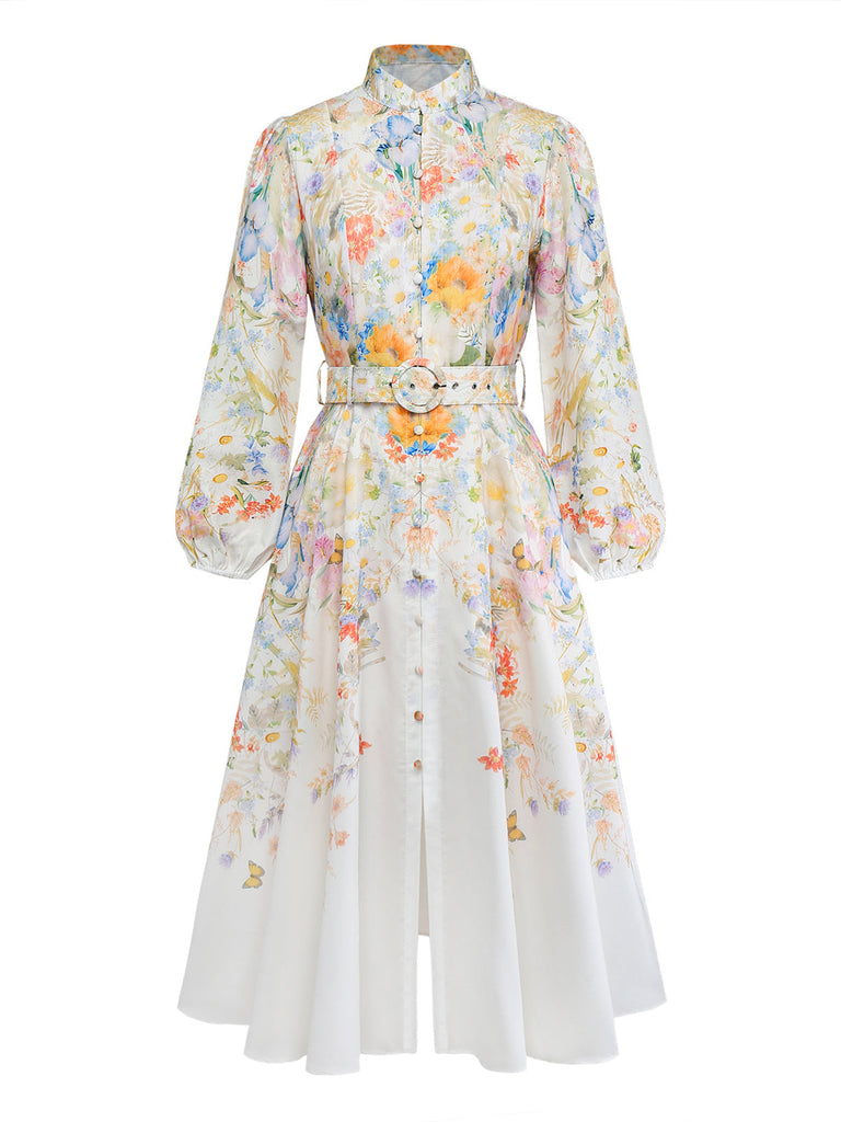 Robe blanche florale à manches longues, boutons et ceinture Années 1940