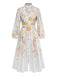 Robe blanche florale à manches longues, boutons et ceinture Années 1940