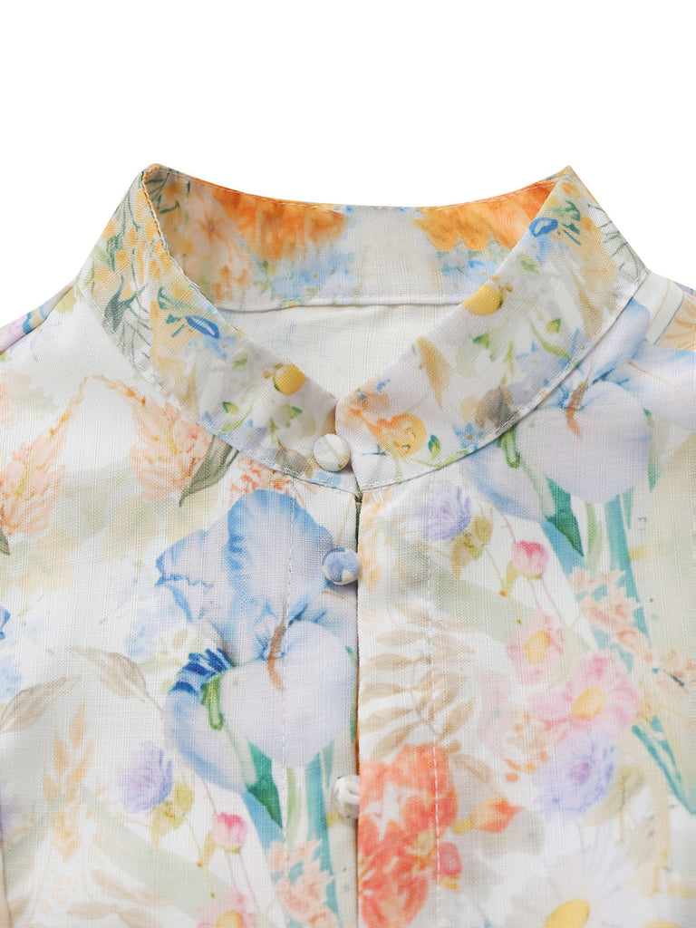 Robe blanche florale à manches longues, boutons et ceinture Années 1940