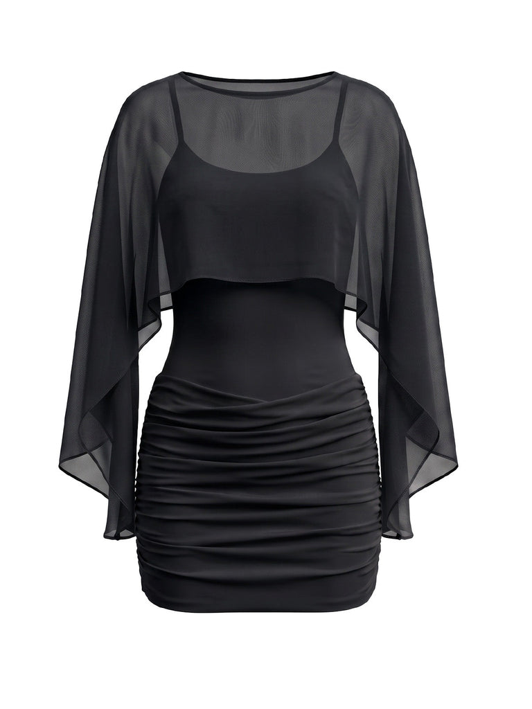 Robe Caraco Moulante Froncée Mini avec Cape Transparente Années 1960 8