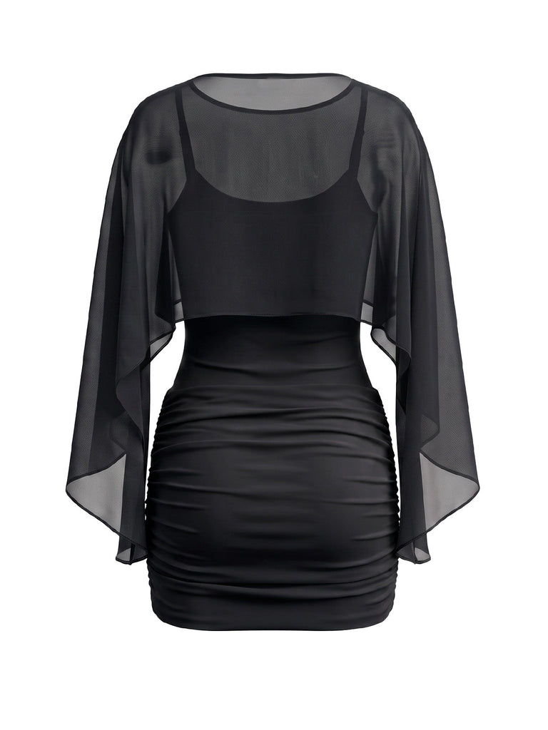 Robe Caraco Moulante Froncée Mini avec Cape Transparente Années 1960 7