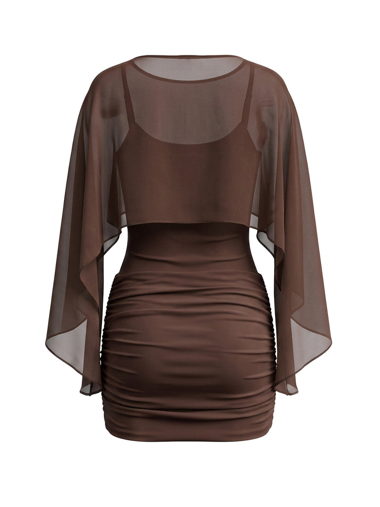 Robe Caraco Moulante Froncée Mini avec Cape Transparente Années 1960 10