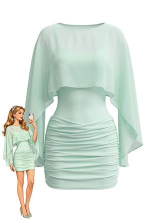 Robe Caraco Moulante Froncée Mini avec Cape Transparente Années 1960