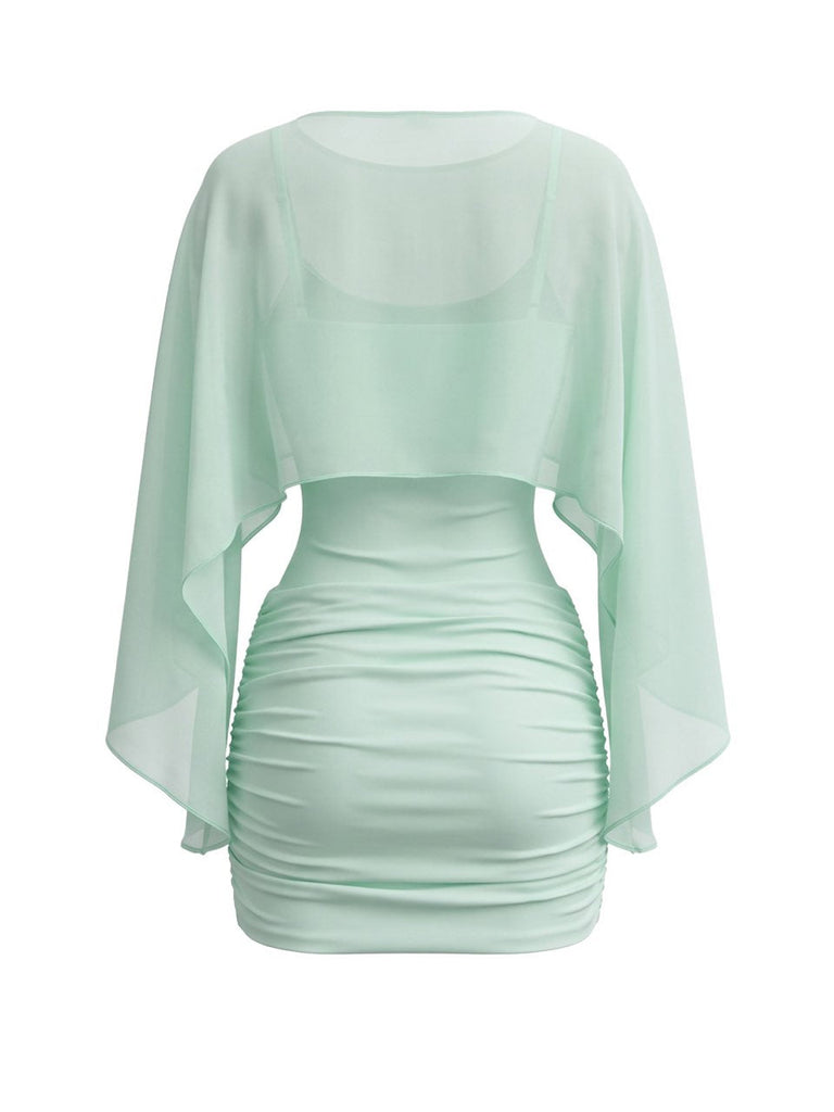 Robe Caraco Moulante Froncée Mini avec Cape Transparente Années 1960 3