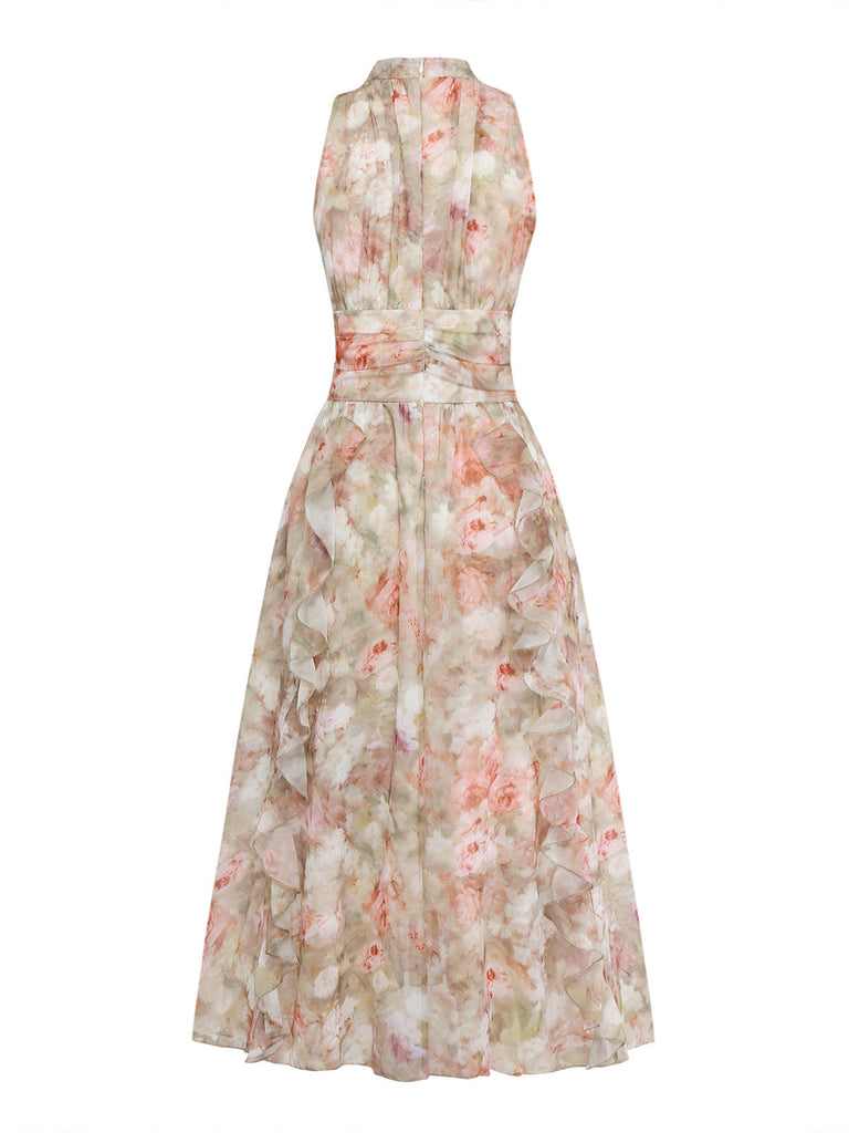 Robe Longue Vert Jaune Aquarelle Florale Dos-Nu Années 1940 4
