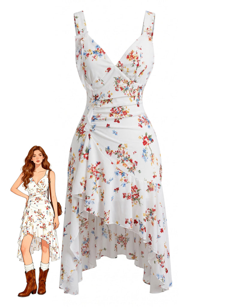 Robe Blanc Petites Fleurs Col V Asymétrique Ourlet Années 1960