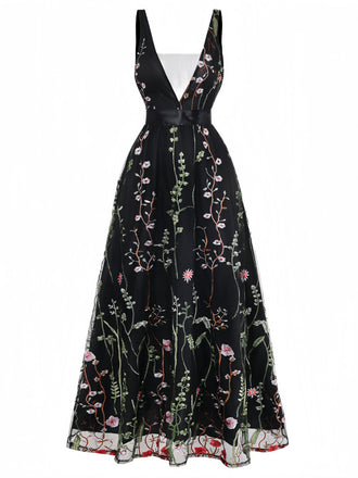 Robe Noir Col V Floral Brodé Tulle Long Années 1930 2