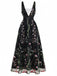 Robe Noir Col V Floral Brodé Tulle Long Années 1930 2