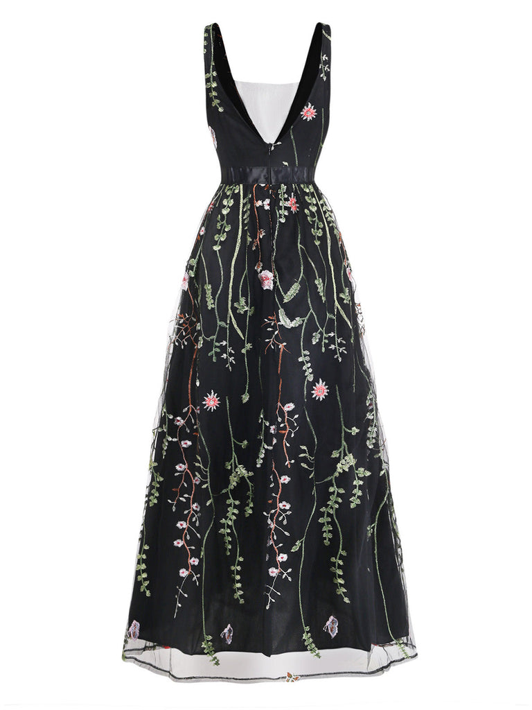 Robe Noir Col V Floral Brodé Tulle Long Années 1930 3