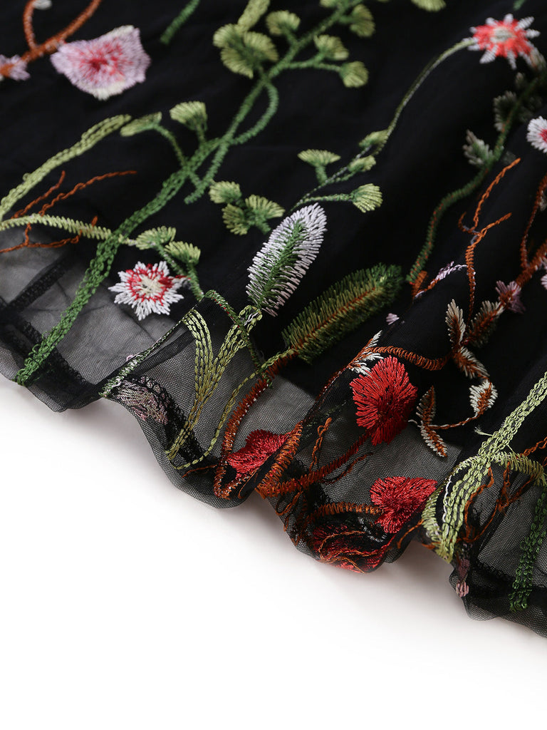 Robe Noir Col V Floral Brodé Tulle Long Années 1930 5