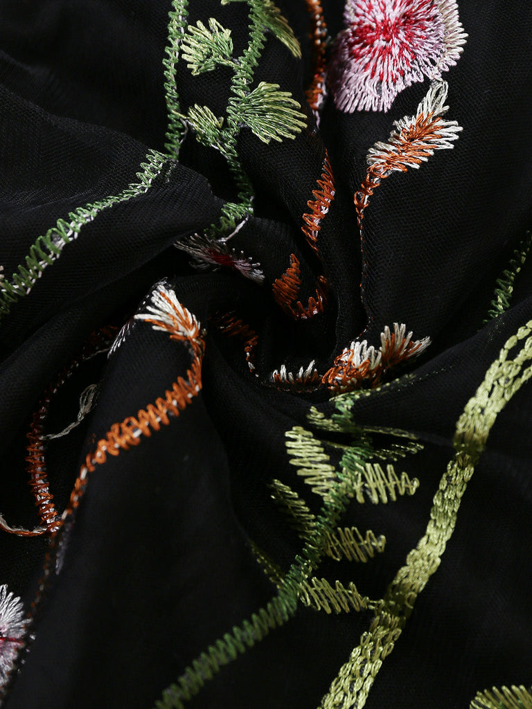Robe Noir Col V Floral Brodé Tulle Long Années 1930 6